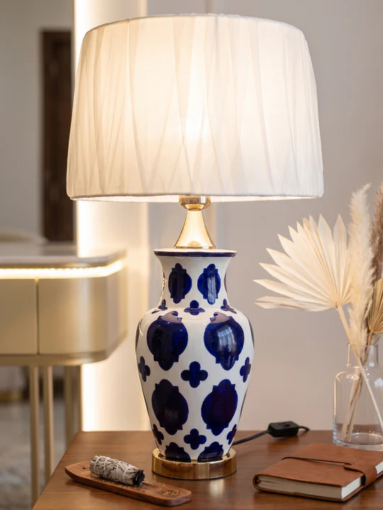 Azure Quatrifoil Patterned Ceramic Lamp (Pair)